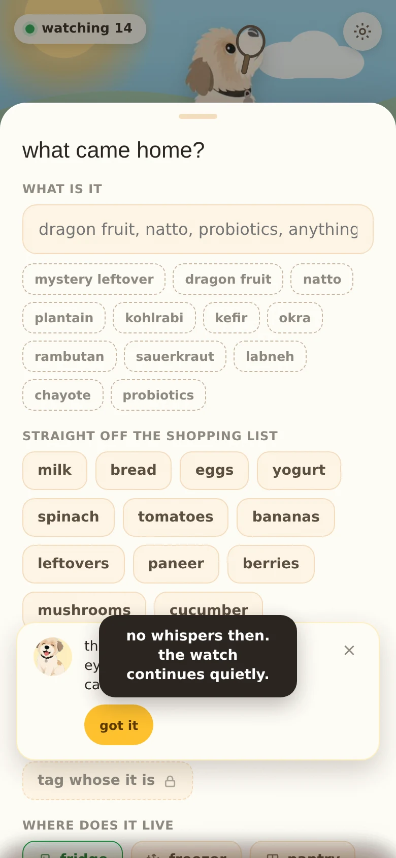 Adding an item in Chiku: a friendly form asking what came home and when to check on it, with one-tap chips for common groceries