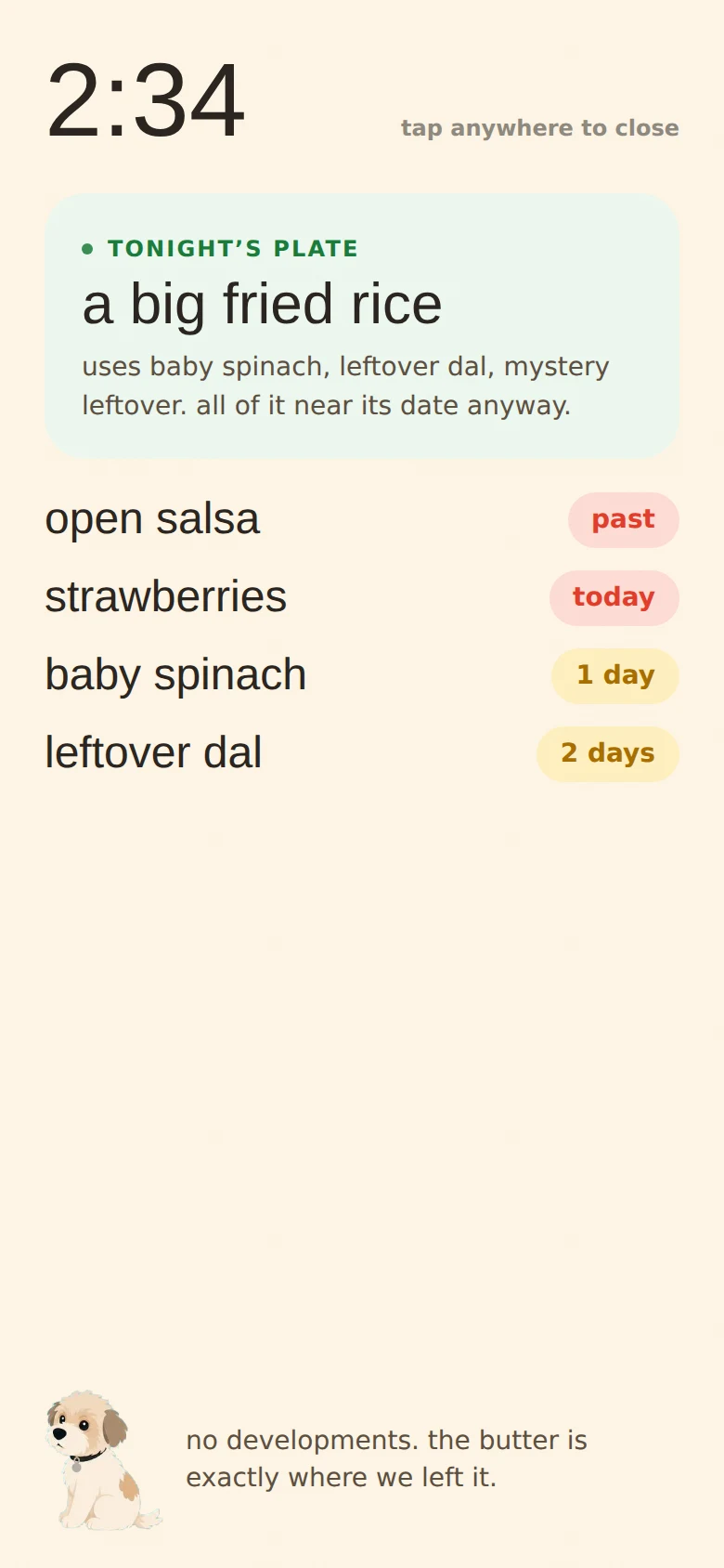 Fridge door mode: a large, calm full-screen view showing what to eat tonight